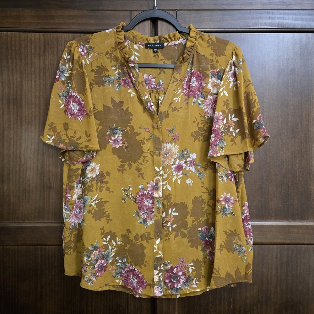 Pleione Womens Large Floral Romantic Earthy Corporate Short Sleeve Button Blouse